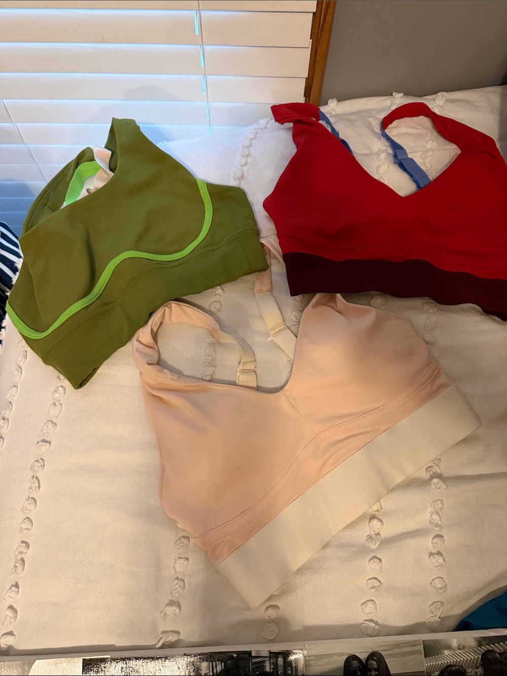 Fabletics Olive Green, Red & Blush Sports Bras Pack